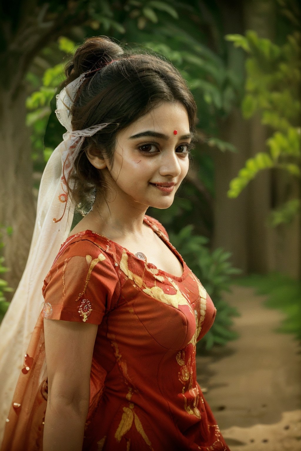 A typical Bangladeshi girl, (superior, Hires), detailed eyes, detailed lips, flowing black hair, traditional dress, vibrant colors, natural lighting, lush green background, ethereal atmosphere, delicate makeup, elegant jewelry, confident expression, traditional patterns, Traditional shoes on feet, walking in the garden,full size realistic image, good eyes, red saree, good breast size, liitle smile on face,Indian