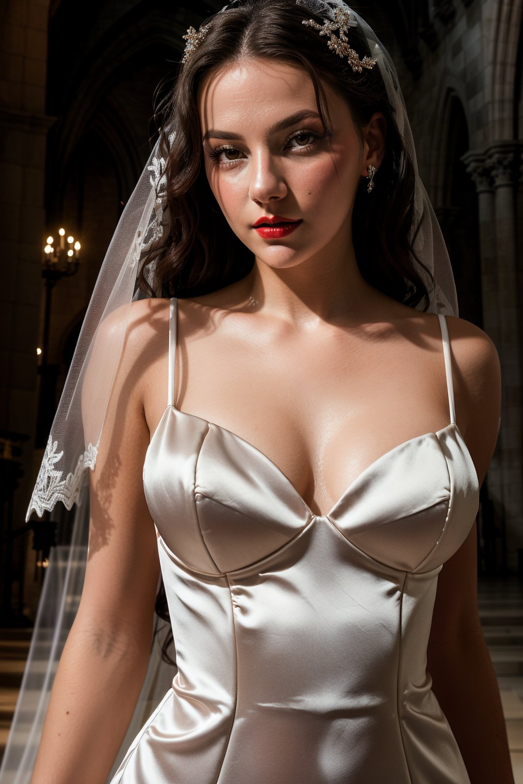 Dafne Keen, One-piece wedding dress, veil, white gloves, bouquet, in the cathedral, red lips, adorable, long hair, perfect fingers, perfect nails, lustrous eyes, big breast, cleavage, perfect natural breasts, perfect boobs, ultra detailed face, model figure, full body portrait, first-person view, high quality, very detailed, 8k ultra HD, awake euphoric style, aesthetic portrait, masterpiece, extremely realistic, real photo, photorealistic, sexy pose, nice legs and hot body, striking pose