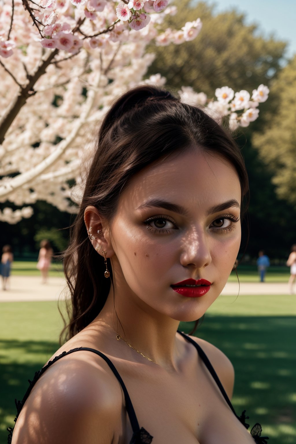 Dafne Keen, Blouse, Tunic Dress, Pinafore, in the park, red lips, adorable, long hair, perfect fingers, perfect nails, lustrous eyes, big breast, cleavage, perfect natural breasts, perfect boobs, ultra detailed face, model figure, full body portrait, first-person view, high quality, very detailed, 8k ultra HD, awake euphoric style, aesthetic portrait, masterpiece, extremely realistic, real photo, photorealistic, sexy pose, nice legs and hot body, striking pose