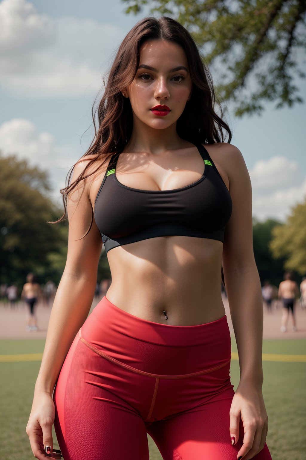 Dafne Keen, Sports bra, leggings, in the park, red lips, adorable, long hair, perfect fingers, perfect nails, lustrous eyes, big breast, cleavage, perfect natural breasts, perfect boobs, ultra detailed face, model figure, full body portrait, first-person view, high quality, very detailed, 8k ultra HD, awake euphoric style, aesthetic portrait, masterpiece, extremely realistic, real photo, photorealistic, sexy pose, nice legs and hot body, striking pose