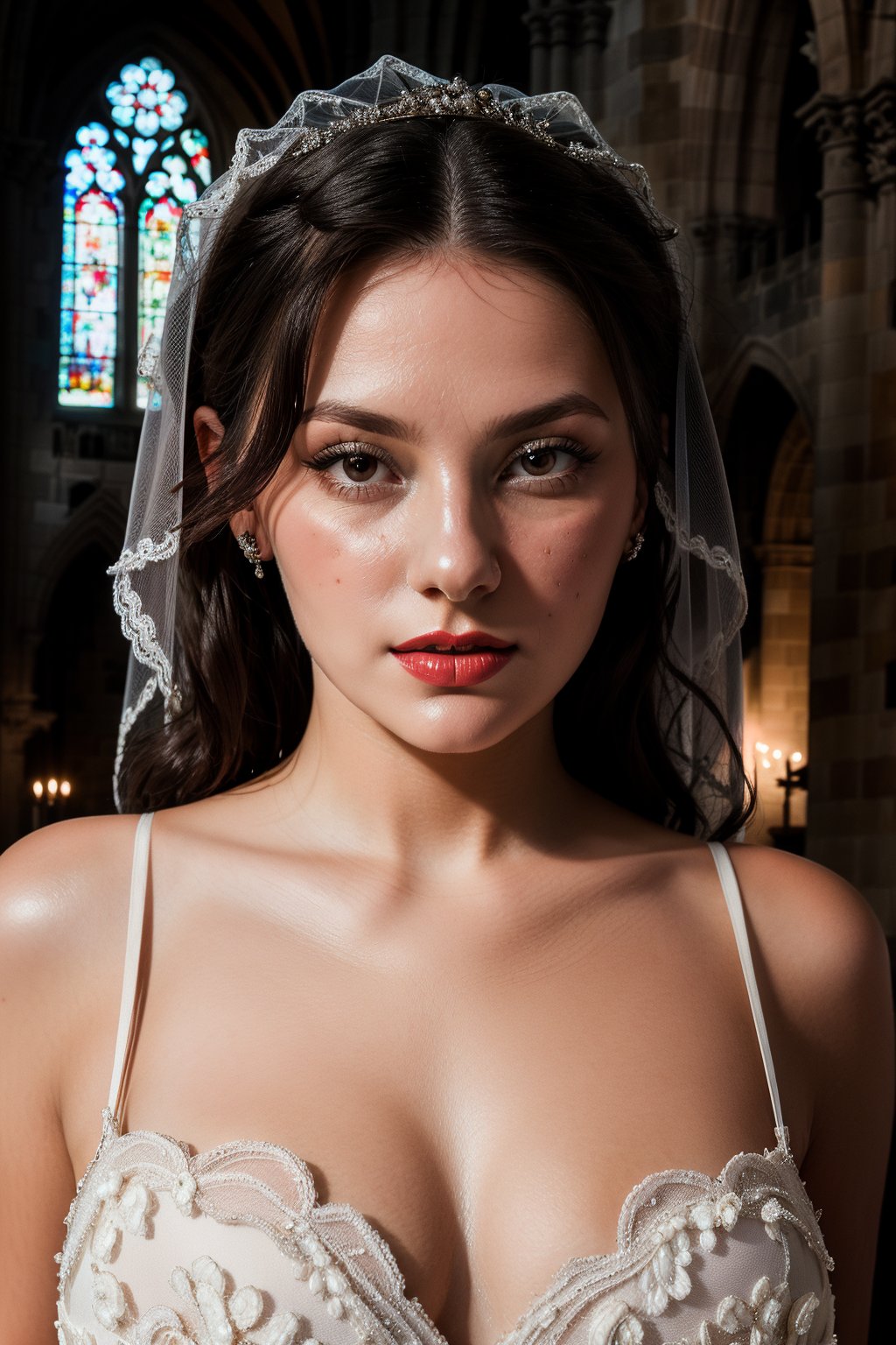 Dafne Keen, One-piece wedding dress, veil, white gloves, bouquet, in the cathedral, red lips, adorable, long hair, perfect fingers, perfect nails, lustrous eyes, big breast, cleavage, perfect natural breasts, perfect boobs, ultra detailed face, model figure, full body portrait, first-person view, high quality, very detailed, 8k ultra HD, awake euphoric style, aesthetic portrait, masterpiece, extremely realistic, real photo, photorealistic, sexy pose, nice legs and hot body, striking pose