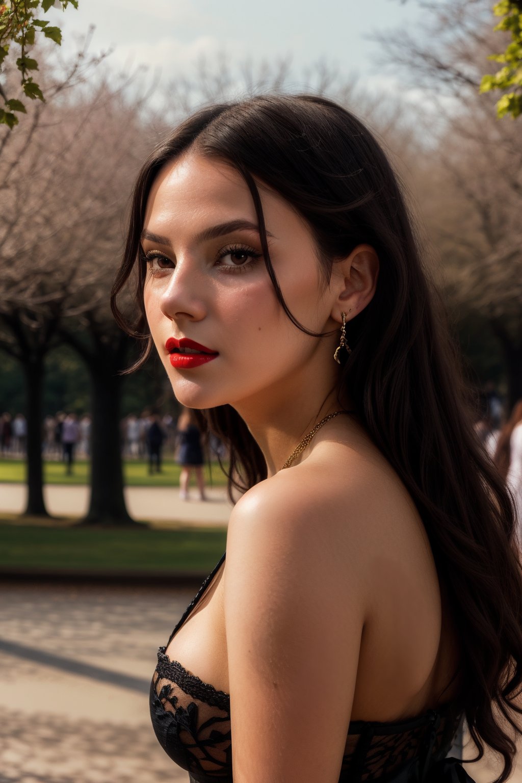 Dafne Keen, black princess outfit, Crinoline, in the park, red lips, adorable, long hair, perfect fingers, perfect nails, lustrous eyes, big breast, cleavage, perfect natural breasts, perfect boobs, ultra detailed face, model figure, full body portrait, first-person view, high quality, very detailed, 8k ultra HD, awake euphoric style, aesthetic portrait, masterpiece, extremely realistic, real photo, photorealistic, sexy pose, nice legs and hot body, striking pose