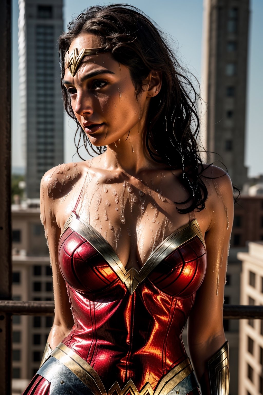 Gal Gadot, wet, wonder woman, crinoline dress, Standing on a tall building, bright face, long hair, perfect fingers, perfect nails, lustrous eyes, big breast, cleavage, perfect natural breasts, perfect boobs, ultra detailed face, model figure, full body portrait, first-person view, high quality, very detailed, 8k ultra HD, awake euphoric style, aesthetic portrait, masterpiece, extremely realistic, real photo, photorealistic, sexy pose, nice legs and hot body, striking pose, ,sks woman