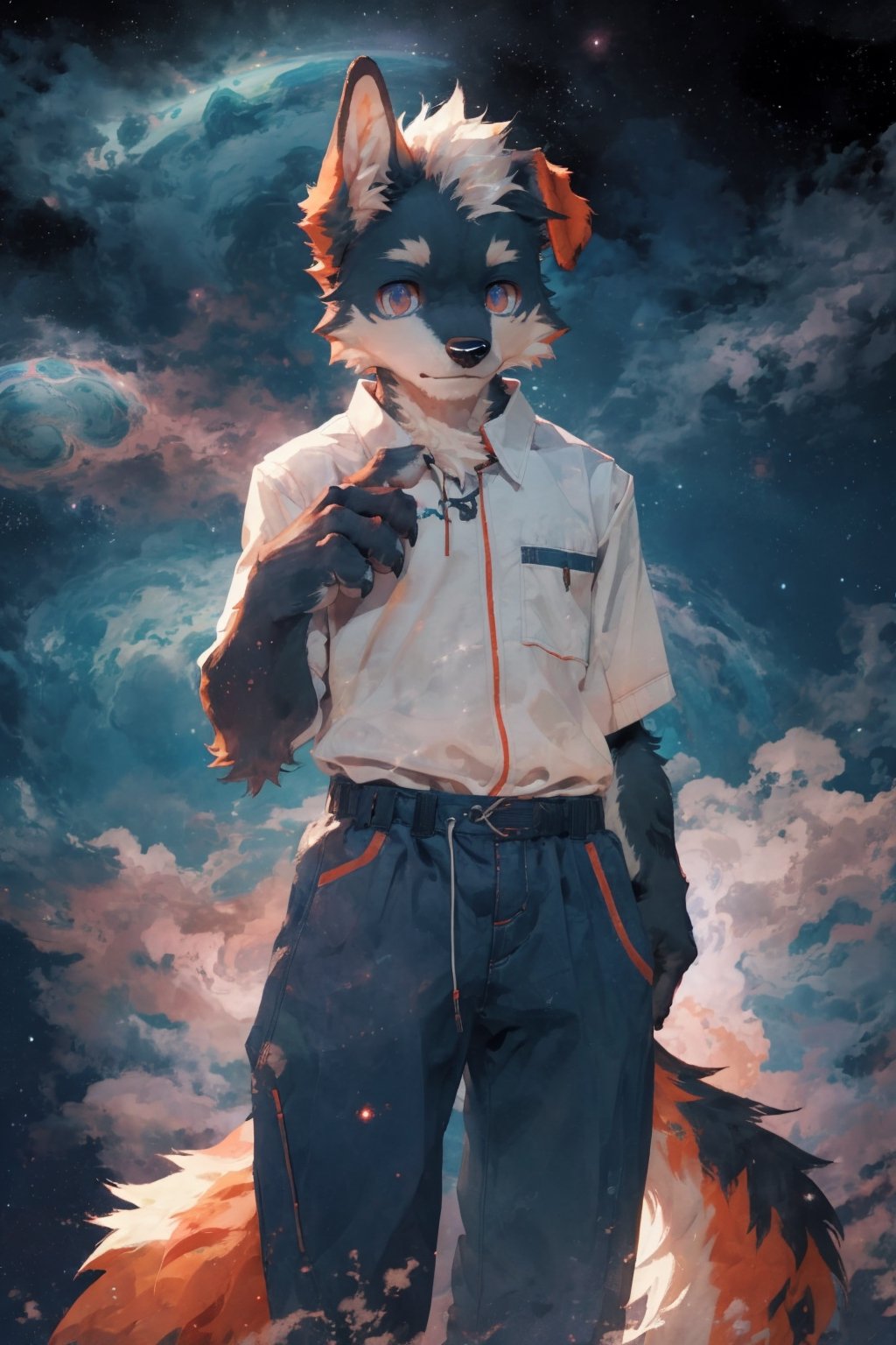 (solo:1.1), (((best quality, good quality))),  (male, anthro, furry, detailed fluffy), husky, furry hands, black hand, brown fingers, fingerless /(marking/),  (dog boy:1.4), ((deep colors, standing, nebulae, cosmic fur, furry hands, good hands, four fingers)), (((black fur, cosmic fur, masterpiece, highres,  furry, Furry, long legs, furry, kemono,furry,best quality,starry sky,galaxy,kemono,Kemono, ,CLOUD