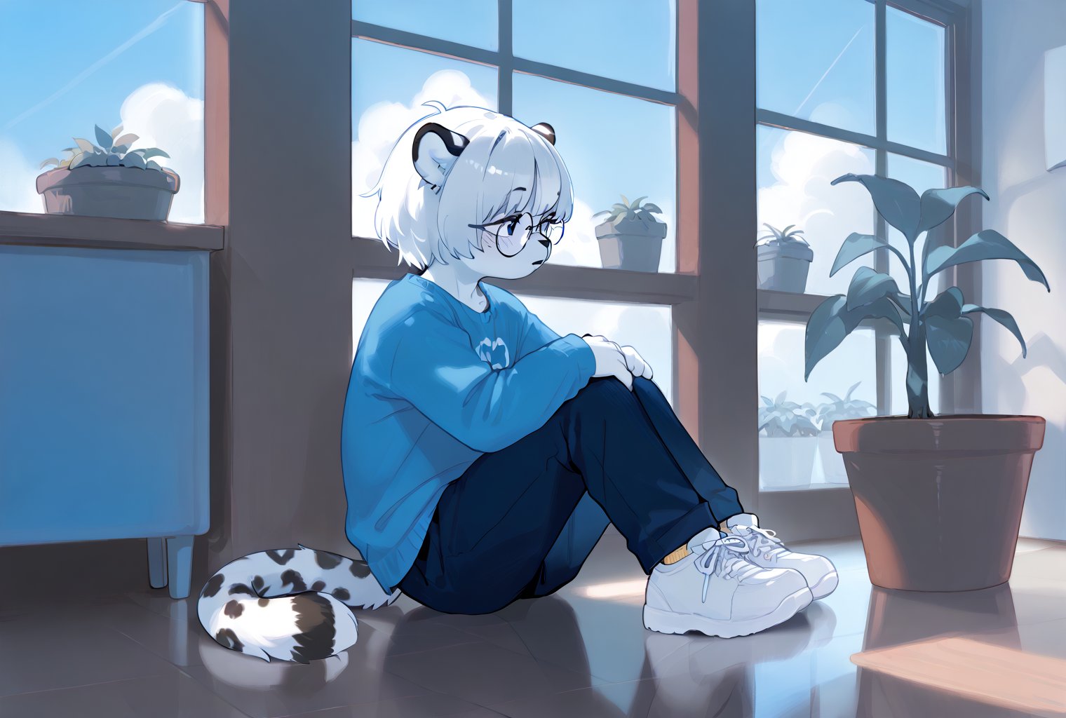 a male anthro cheetah sits on the floor in a room engulfed by shadow, (The only light being an open arched window) to light the subject, showing a blue ocean and sky with puffy white clouds outside, to contrast the dark obscurity inside. tall potted plants all around him, he wears a contemporary blue outfit, featuring white shoes, baggy blue pants, a light blue shirt, and round frame glasses. The scene is composed like that of artistic contemporary photography.