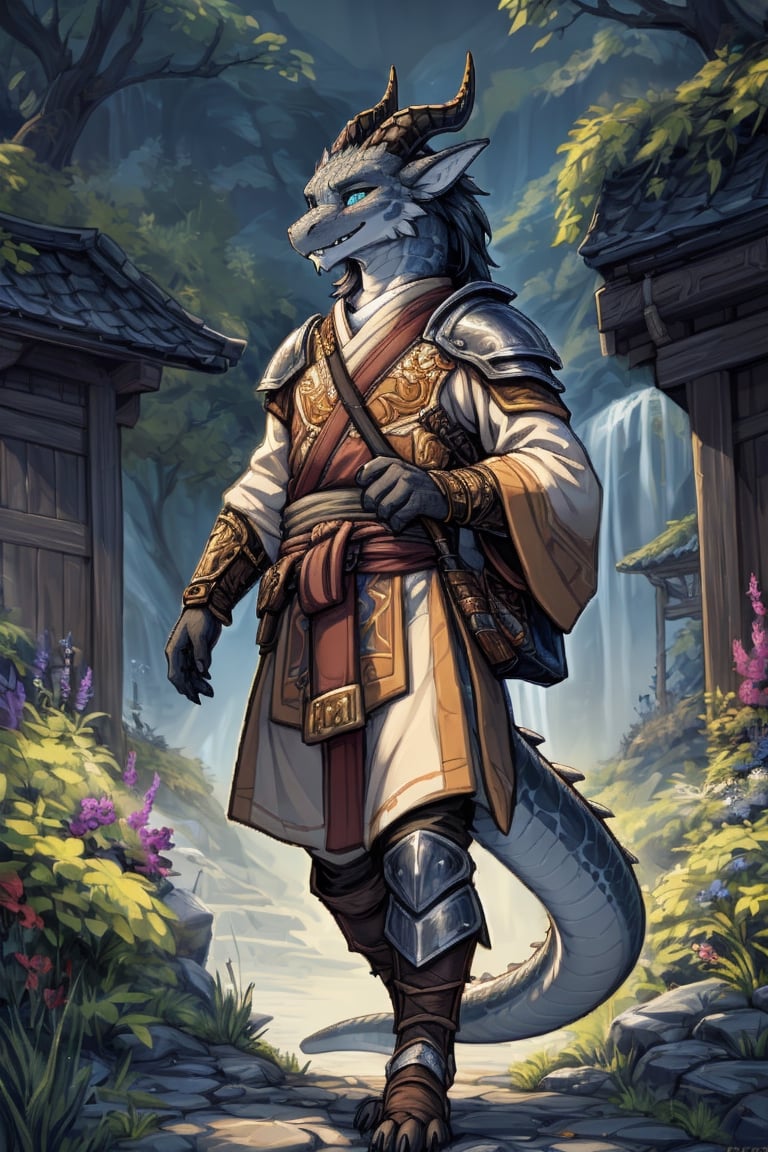 (detailed scales, furred dragon), solo, male, seductive, perfect eyes, seductive pose, tall, long legs, plantigrade, slim waist, classy, low angle view, (male anthro dragon)1.3, (fantasy, adventurer, outside, armor, samurai,satchel), daytime, (matte black scales)1.3, (standing)1.3, (kemono:1.1)++, (in a fancy garden)1.23, detailed eyes, horn, (full body portrait)+, (detailed eyes)+, detailed background, 8k hd, (dark shadows, wide dynamic range, hdr, low light)1.2, by Pino Daeni, by dagasi, by foxovh, by Silgiriya Mantsugosi,best quality,SAM YANG, fluffity,furry, good quality,nodf_lora