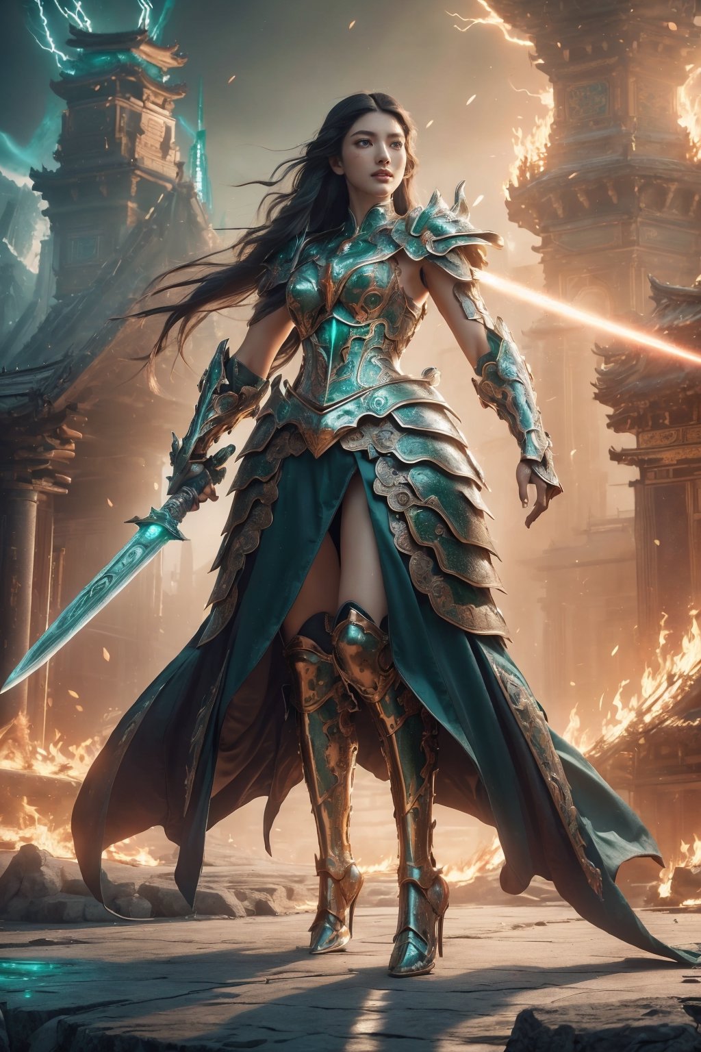 (detailed beautiful eyes and detailed face, masterpiece side light, masterpiece, best quality, detailed, high resolution illustration), A gorgeous battle maiden, long black hair, emerald green eyes, bewitching smile, full body, heavy armor, divine armor, majestic and intricate armor, glows with an ethereal light, a majestic sword, attacking pose, hourglass bodyshape, (upper body), front_view, mech4rmor, , ((full body shots:1.38)) ,1 girl, (Oriental Dragon), on a red cloud background, fire, lightning,