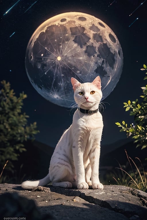 a white little cat looking at the stars in the moon, digital art