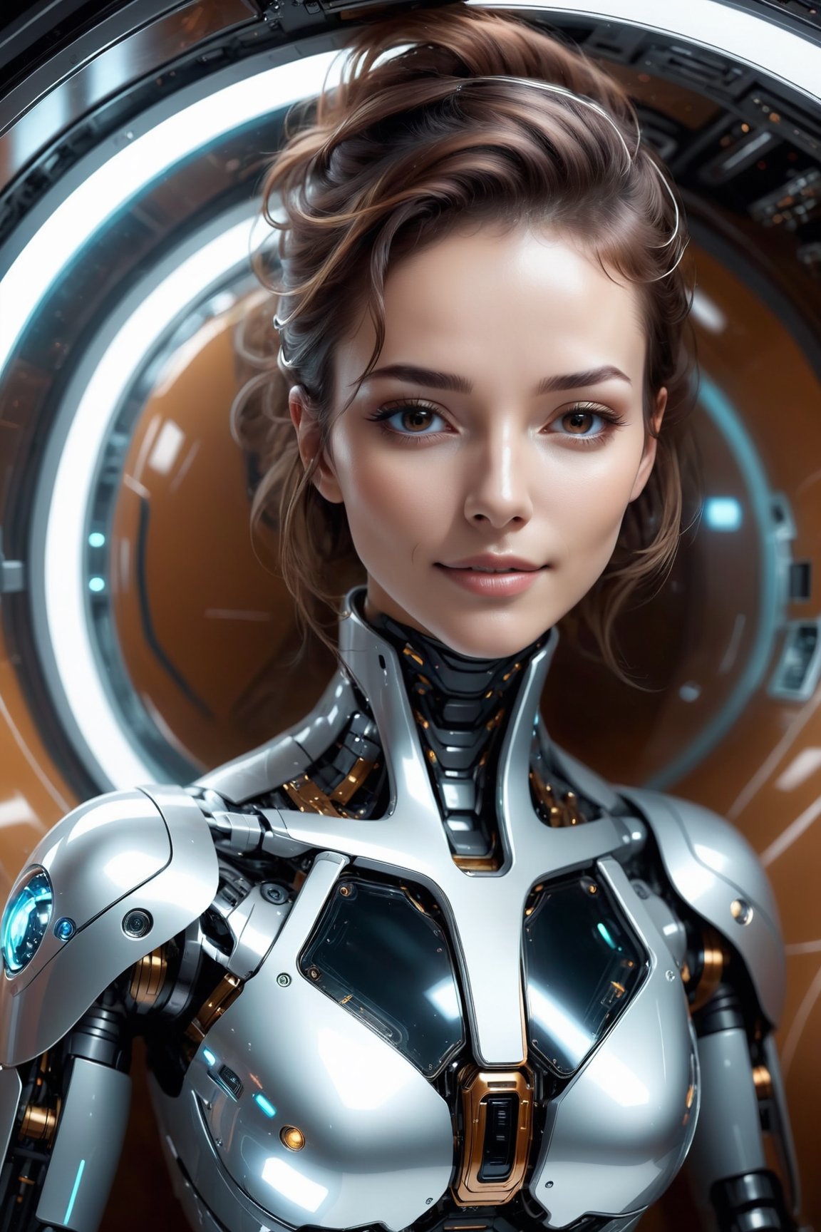 Generating ultra-realistic images of female robots. Lying in a private bedroom in a spaceship, futuristic minimalist interior design, glass elements, spcrft, smile, brown hair, (transparent parts), chrometech,((top view:1.5))