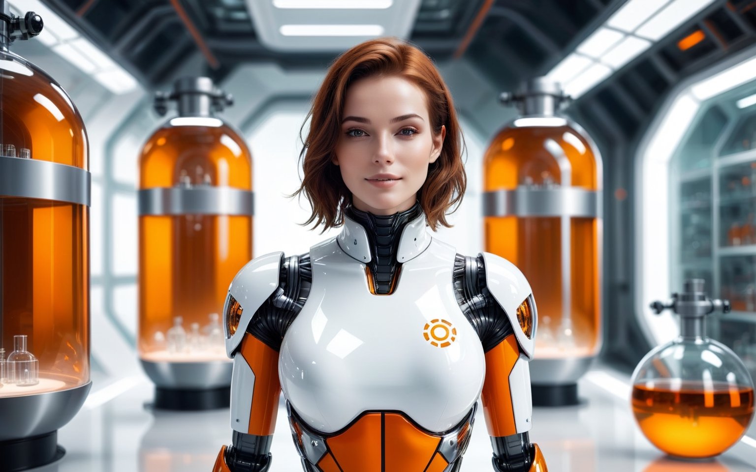 Generating ultra-realistic images of female robots. spcrft, smiling, brown hair, (transparent part), chrometech,((orange and white metal set)), ((glass elements)),Standing in the biological laboratory of the spaceship,the lab is a circle room,There are many aliens contained in one gigantic glass bottles,white futuristic minimalist interior design,