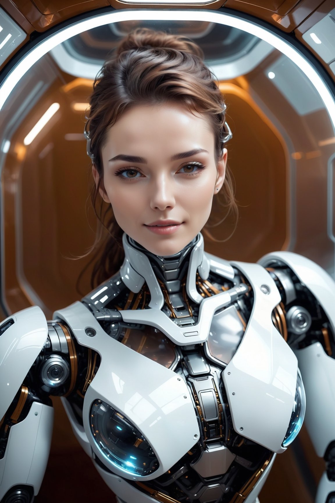 Generating ultra-realistic images of female robots. Lying in a private bedroom in a spaceship, futuristic minimalist interior design, glass elements, spcrft, smile, brown hair, (transparent parts), chrometech,((top view:1.5))