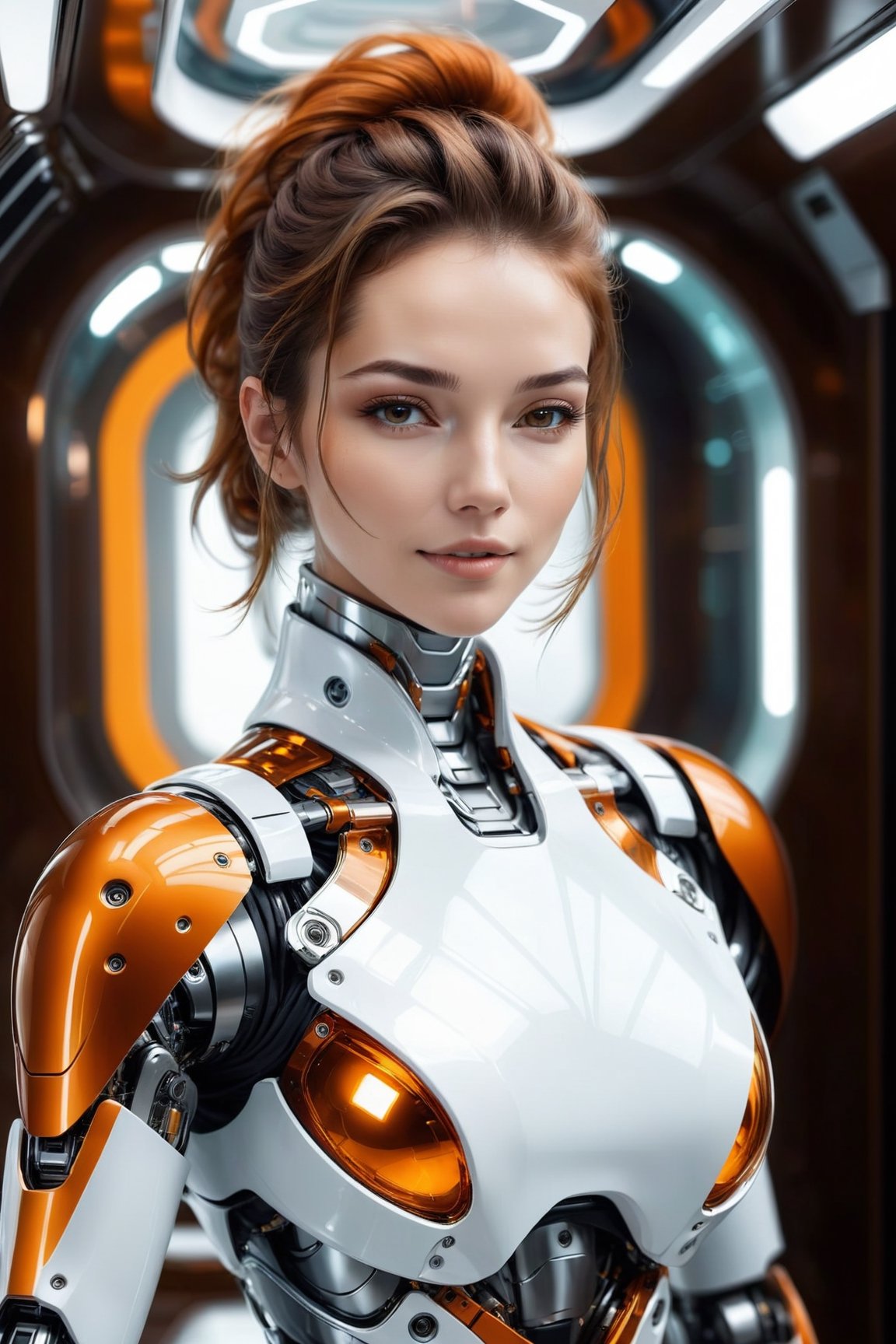 Generating ultra-realistic images of female robots. spcrft,smile,brown hair,(transparent part),chrometech,((back view: 1.5)),((orange and white metal set)),((glass element)),
Lying in the private bedroom of the spaceship, futuristic minimalist interior design,