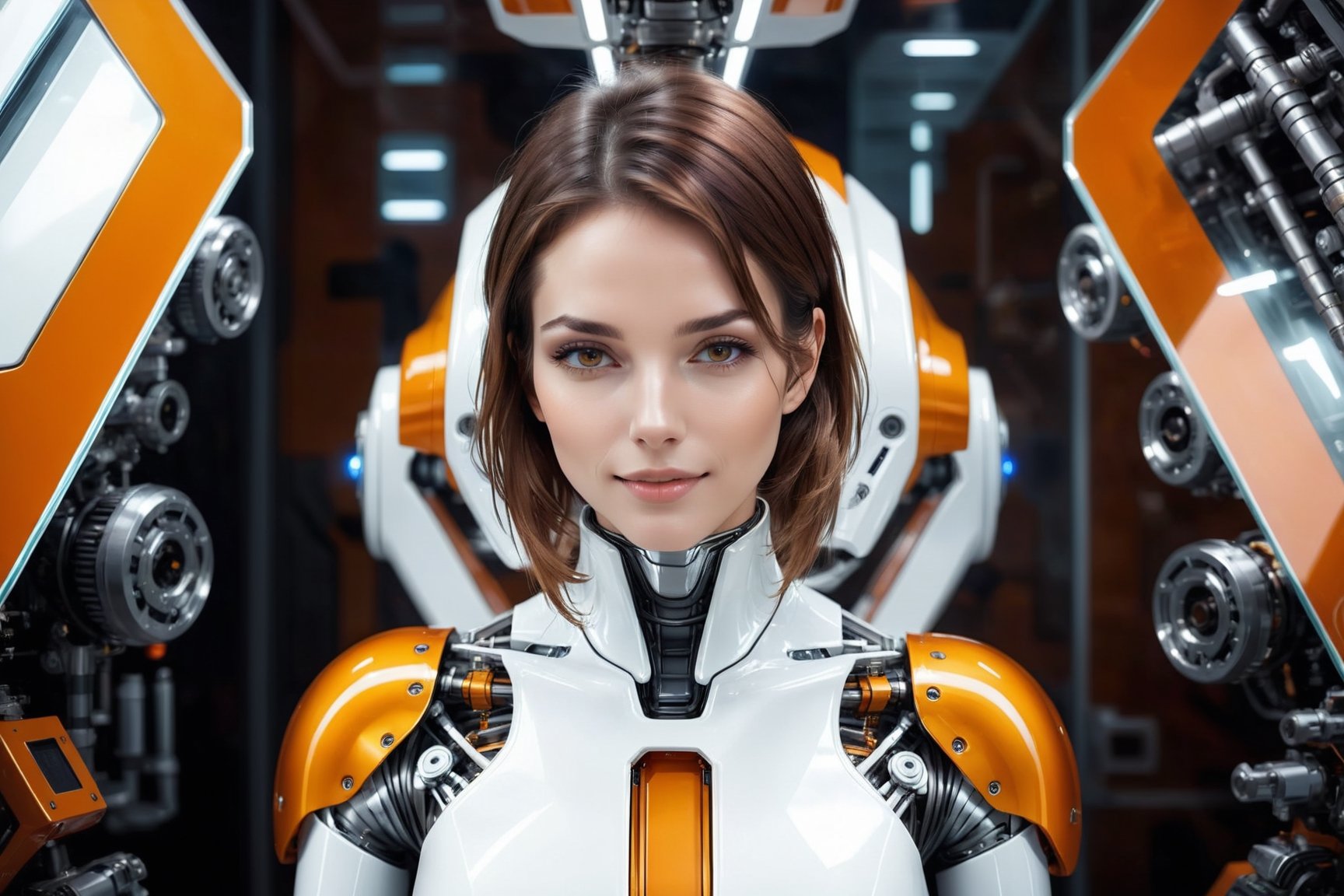 Generating ultra-realistic images of female robots. spcrft,smile,brown hair,(transparent part),chrometech,((top view: 1.5)),((orange and white metal set)),((glass element)),
sitting in mechanical repair room of the spaceship,one hand with a futuristic power tool,futuristic minimalist interior design,