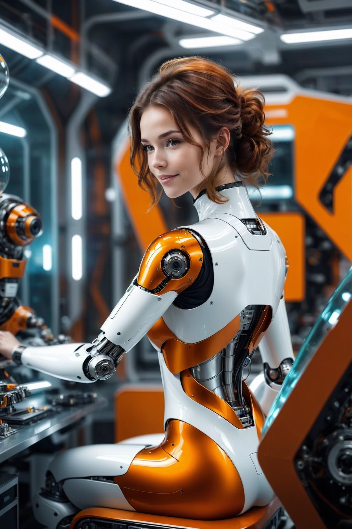 Generating ultra-realistic images of female robots. spcrft,smile,brown hair,(transparent part),chrometech,((back view: 1.5)),((orange and white metal set)),((glass element)),
sitting in mechanical repair room of the spaceship,one hand with a futuristic power tool,futuristic minimalist interior design,
