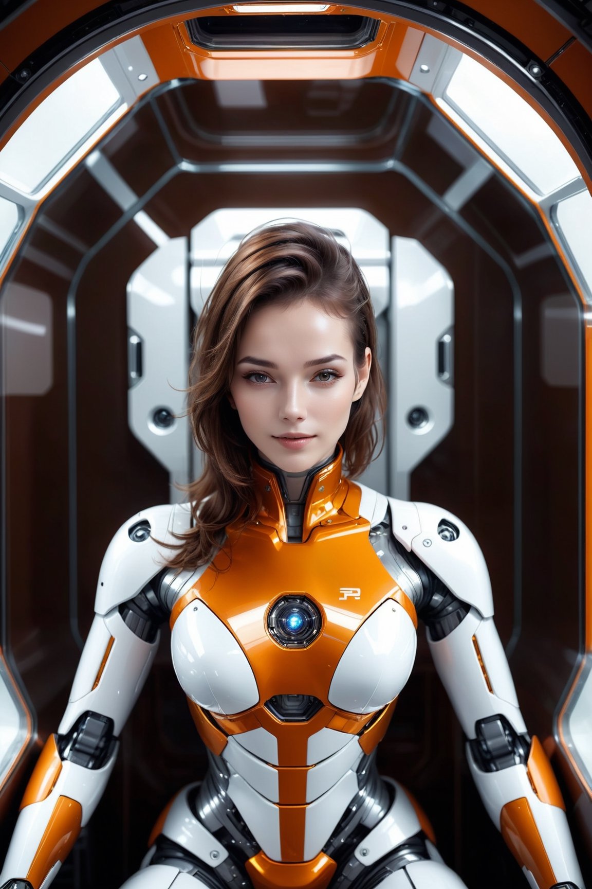 Generating ultra-realistic images of female robots. Lying in a private bedroom in a spaceship, futuristic minimalist interior design, glass elements, spcrft, smile, brown hair, (transparent parts), chrometech,((top view:1.5))orange and white metal suit