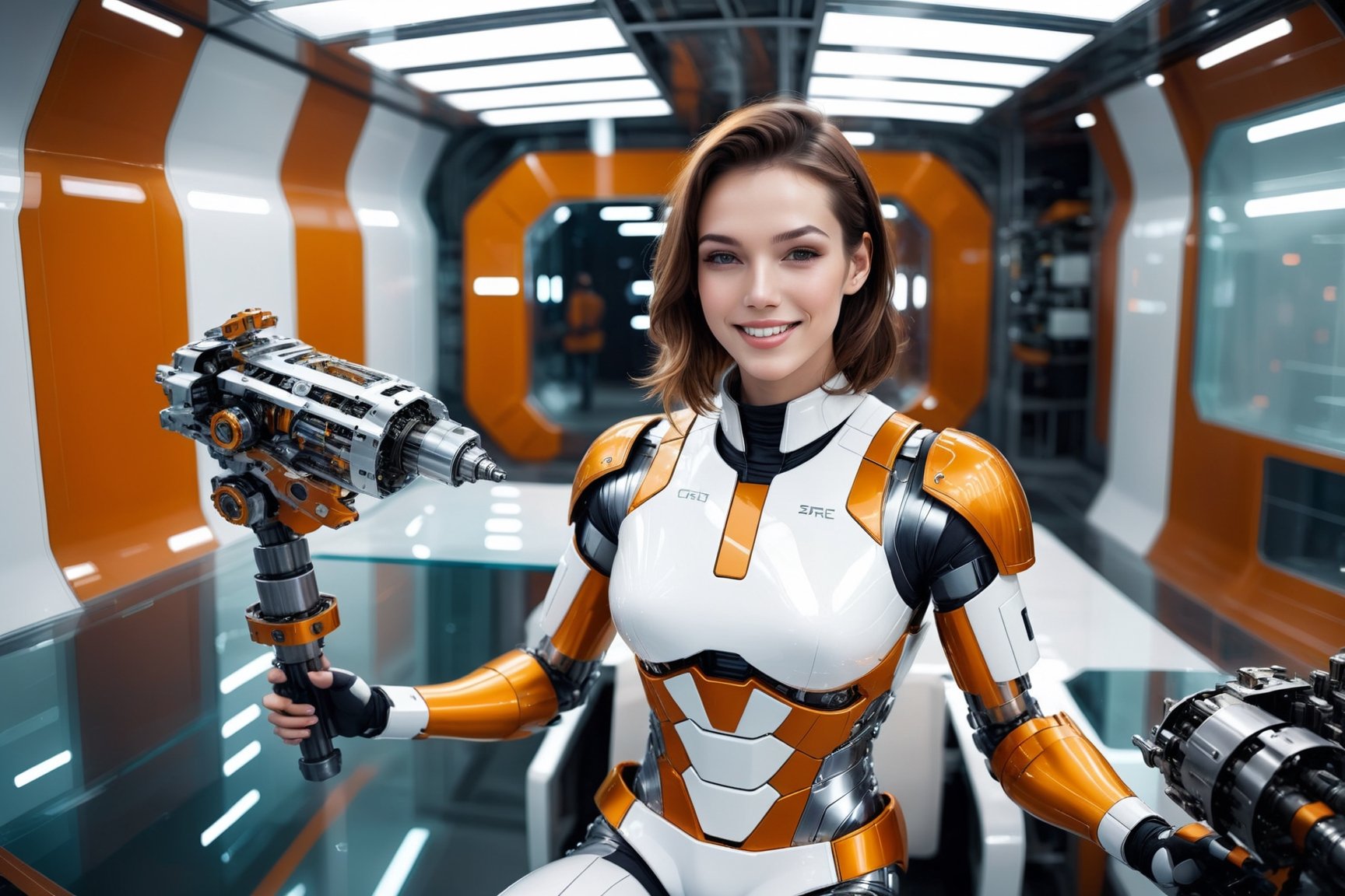 Generating ultra-realistic images of female robots. spcrft, smiling, brown hair, (transparent part), chrometech, ((panoramic top view: 1.5)), ((orange and white metal set)), ((glass elements)), sitting in the mechanical repair room of the spaceship, A hand holding a futuristic power tool, futuristic minimalist interior design,