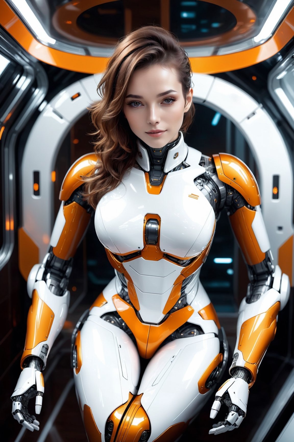 Generating ultra-realistic images of female robots. Lying in a private bedroom in a spaceship, futuristic minimalist interior design, glass elements, spcrft, smile, brown hair, (transparent parts), chrometech,((top view:1.5))orange and white metal suit