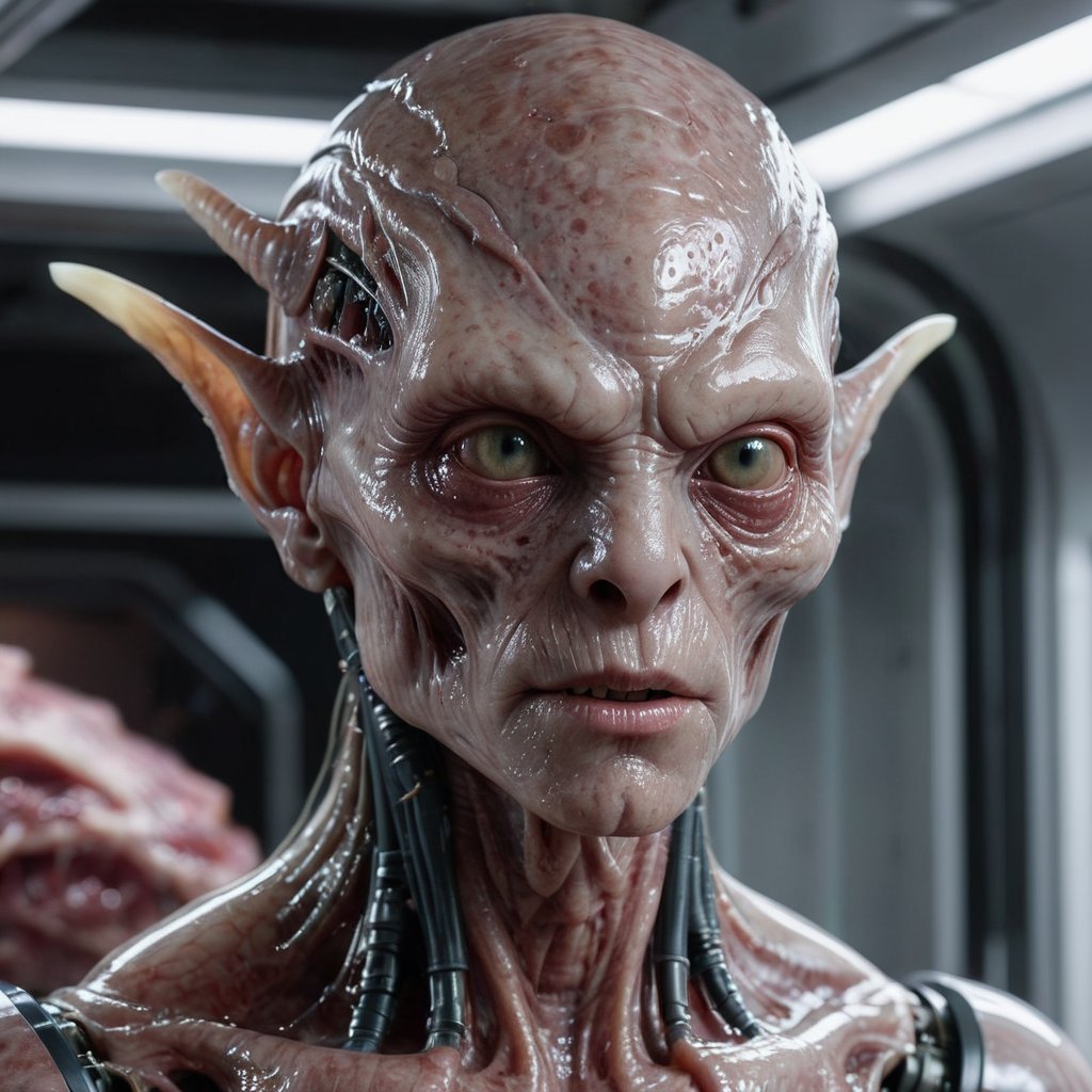 Hyperrealistic, HD, intricate details, humanoid decapodicampes monster, head and half head, with half translucent body and internal in a high-tech alien lab, translucent-flesh-grey, raw meat face, edges merged, smooth heads, smooth face, organic smooth scaly skin, horn, spacesuit, helmet, wet, bulky, old civic building, silk skin, compound eyes, tiny bug eyes with slit pupils, solid neck, hair, focus, by pascal blanche rutkowski repin artstation hyperrealism, 4 k 