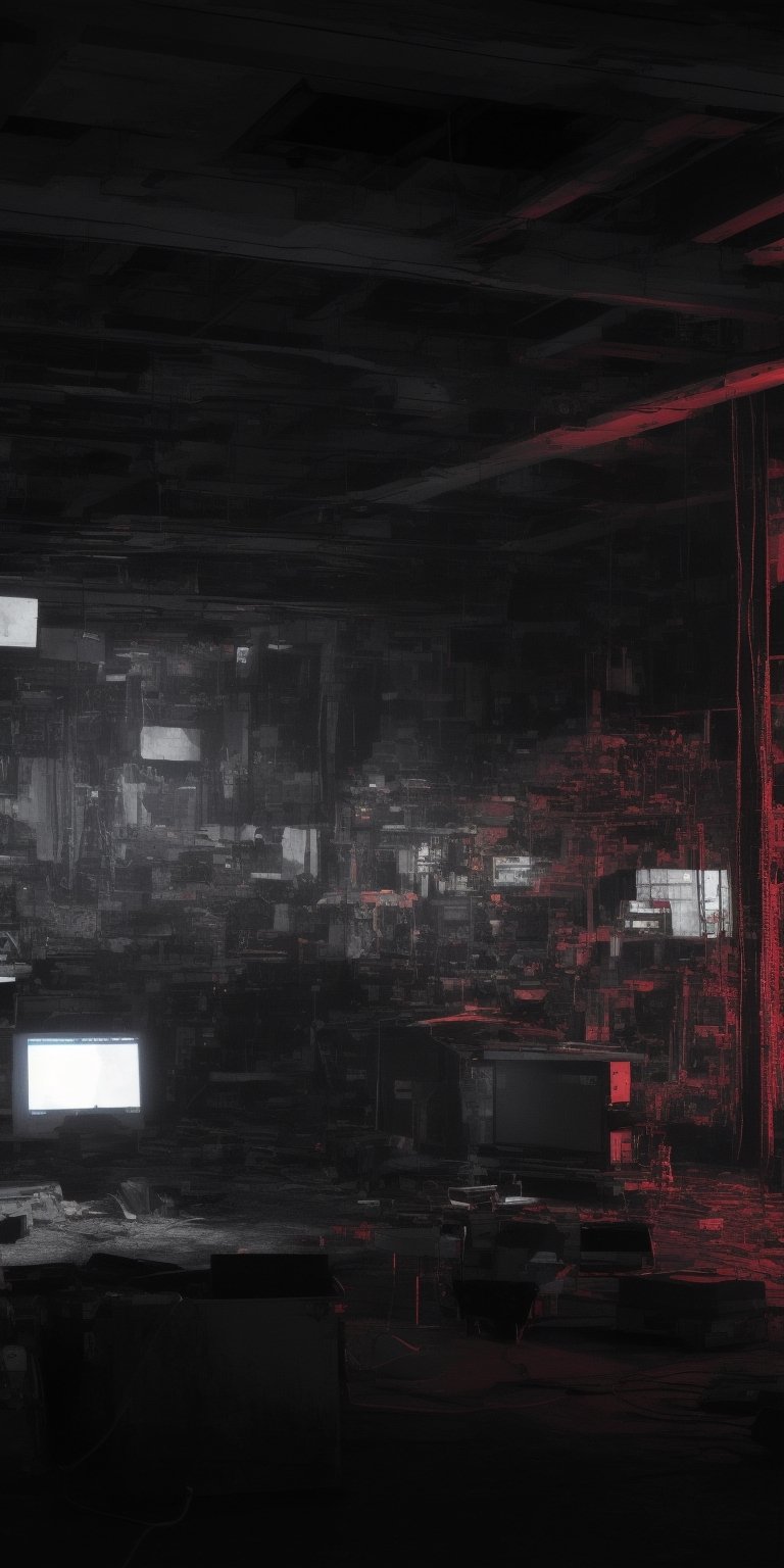 create an image depicts a scene that appears to be sci-fi movie, showing a character amidst an array of electronic equipment and machinery. The environment is cluttered with cables and screens displaying unreadable data. The image has a dark, chaotic, and somewhat eerie atmosphere due to the disarray of the equipment and the lighting,yk_cyborgs