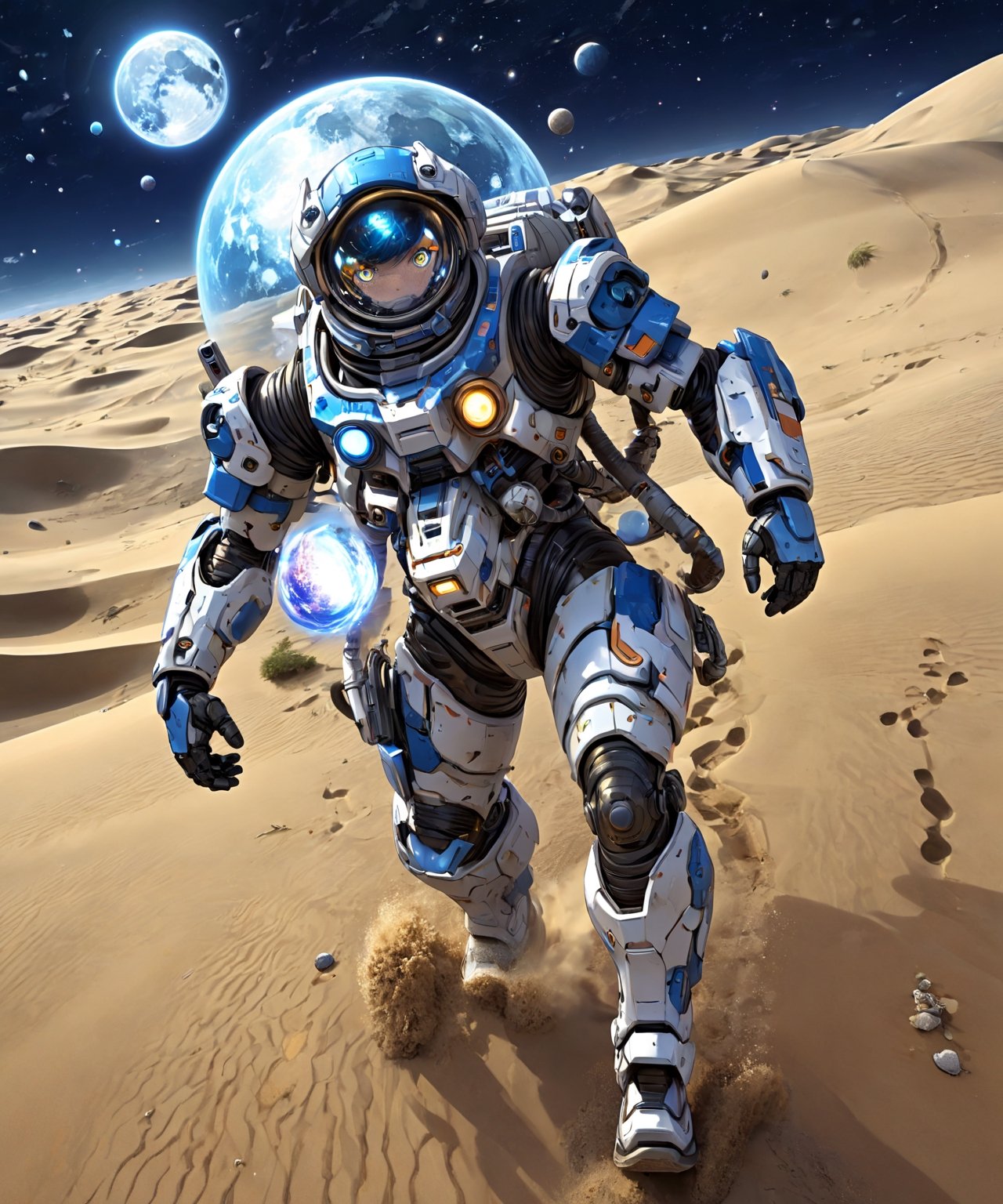 anime art style, solo space traveler wearing mecha spacesuit, walking in  unreal swirling sand dunes, windy night, more detail XL, epic blue moonlight, outer planets collapsing, fisheye lens,