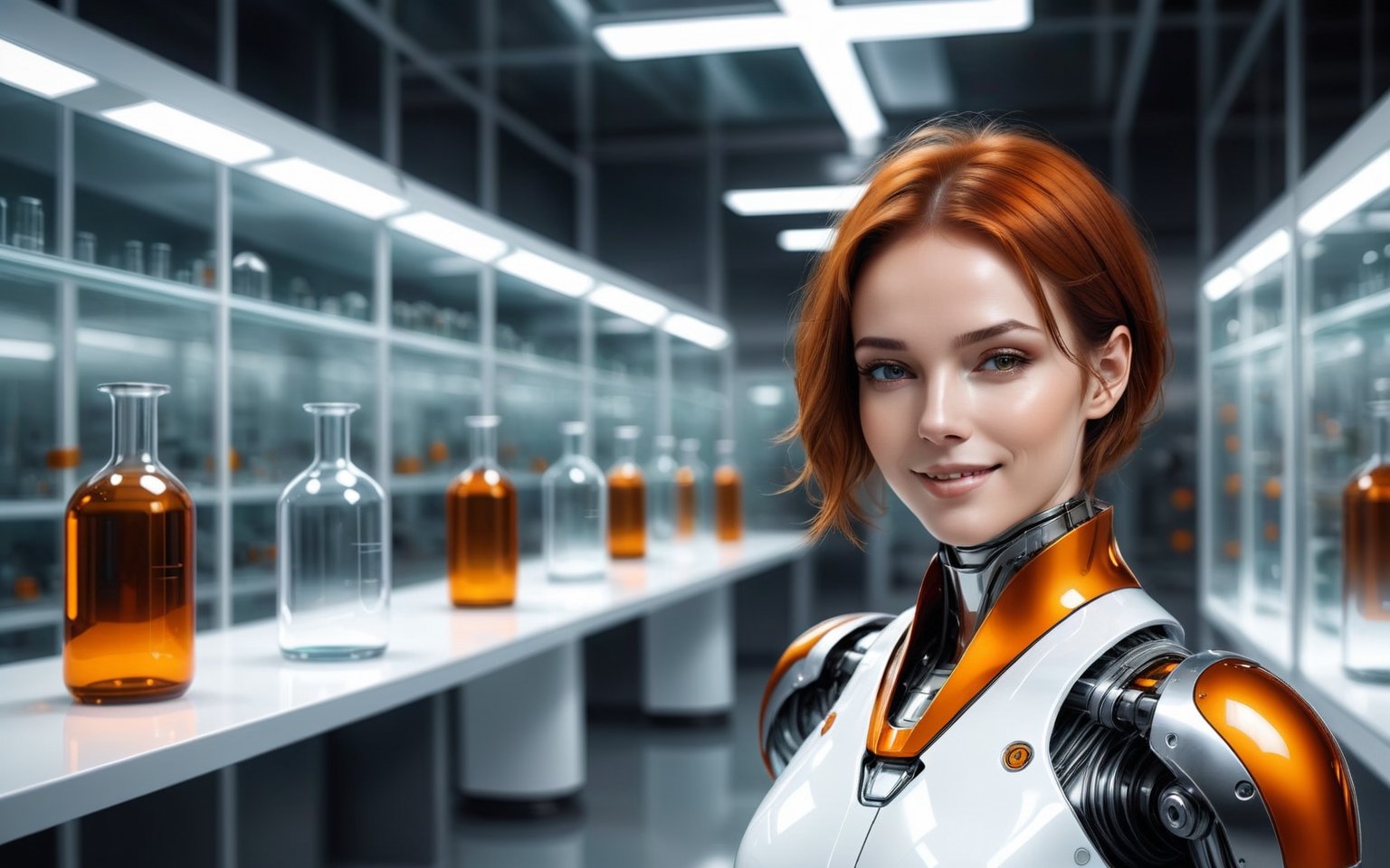 Generating ultra-realistic images of female robots. spcrft, smiling, brown hair, (transparent part), chrometech,((orange and white metal set)), ((glass elements)),Standing in the biological laboratory of the spaceship,the lab is a circle room,There are many alien contained in glass bottles,white futuristic minimalist interior design,