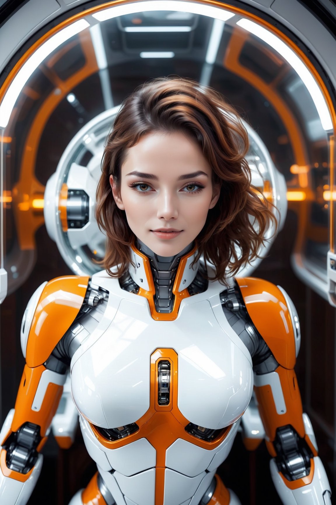 Generating ultra-realistic images of female robots. Lying in a private bedroom in a spaceship, futuristic minimalist interior design, glass elements, spcrft, smile, brown hair, (transparent parts), chrometech,((top view:1.5))orange and white metal suit