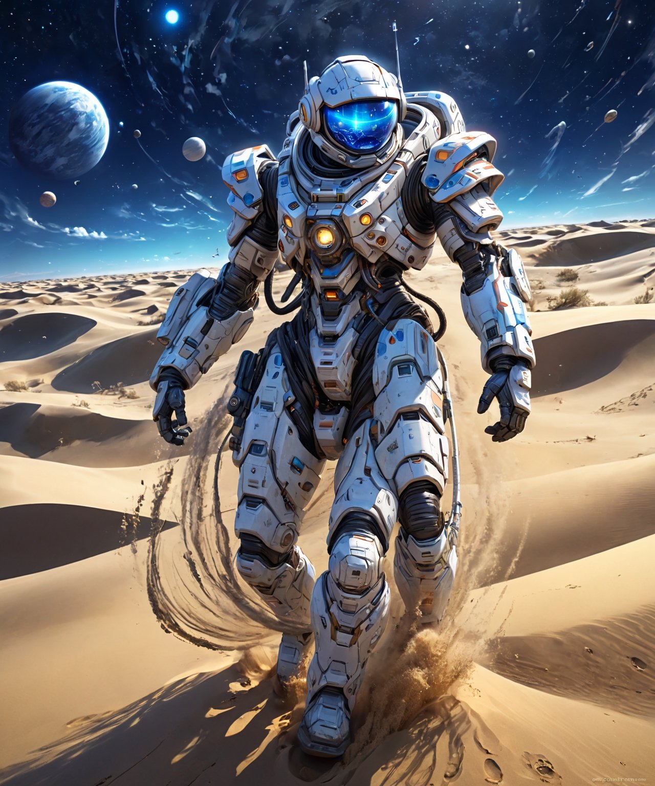 anime art style, solo space traveler wearing mecha spacesuit, walking in  unreal swirling sand dunes, windy night, more detail XL, epic blue moonlight, outer planets collapsing, fisheye lens,