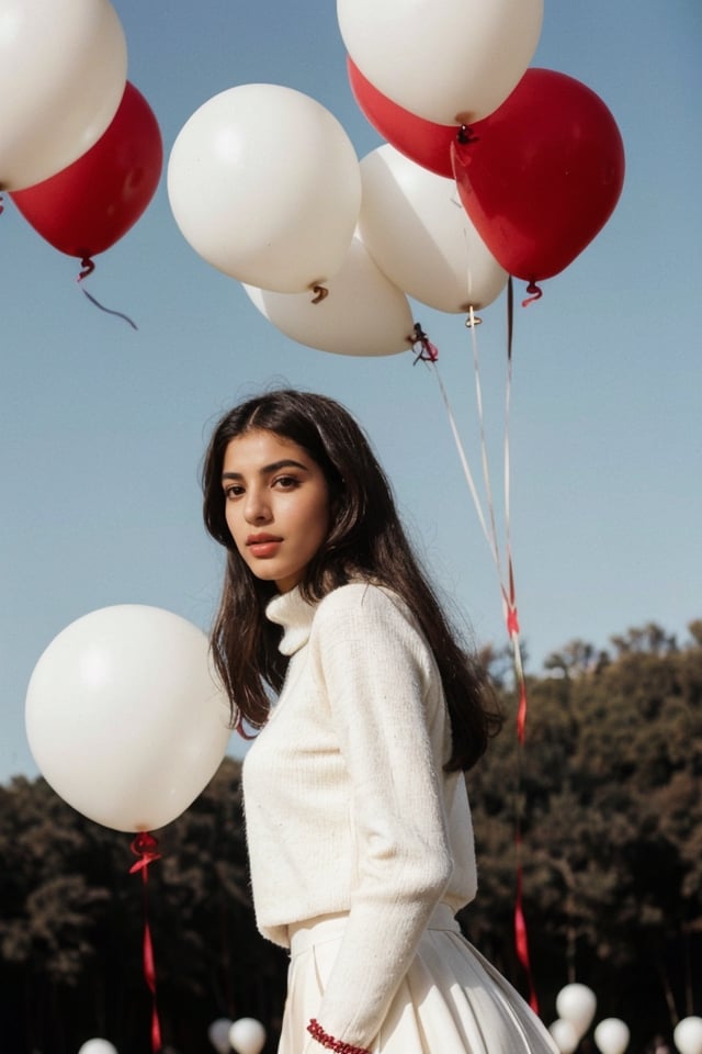 fashion portrait photo of beautiful young egyptian woman from the 60s wearing a red turtleneck standing in the middle of a ton of white black balloons, taken on a hasselblad medium format camera