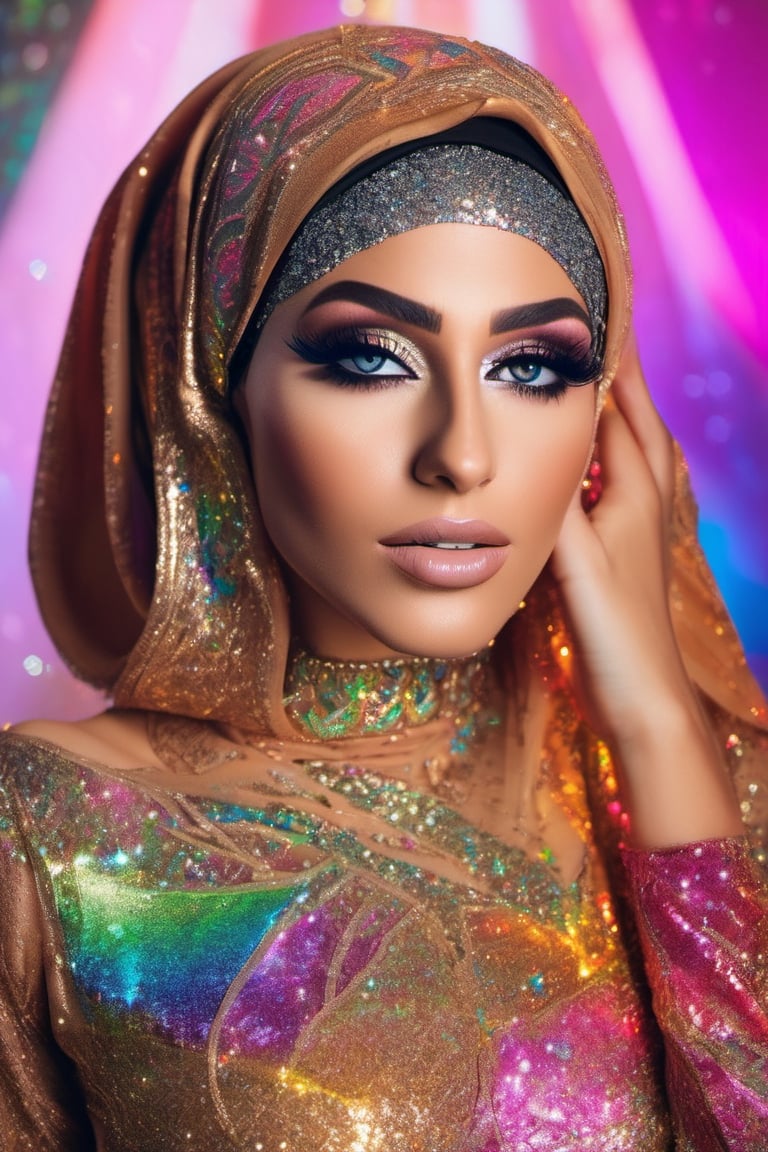 an arabic woman wearing hejab with an exotic makeup made by Holographic Rainbow Laser Glitter Powder