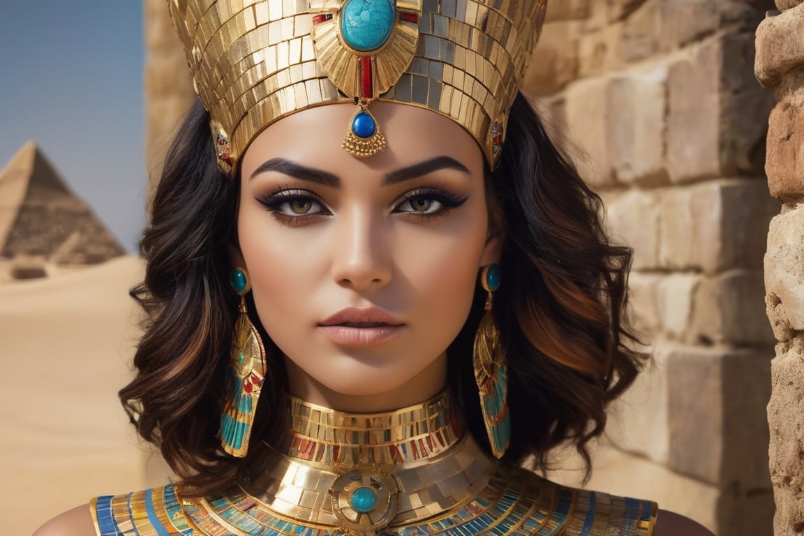 egyptian queen, Generate photorealistic full body portrait hyper realistic image of a visually dynamic beauty shot but as if she was real by incorporating mosaic patterns or elements. Whether through makeup, props, or background, introduce a mosaic-inspired theme to add complexity and visual interest to the composition. looking seriously at the viewer, extreme realism, award-winning photo, sharp focus, detailed, intricate,art_booster