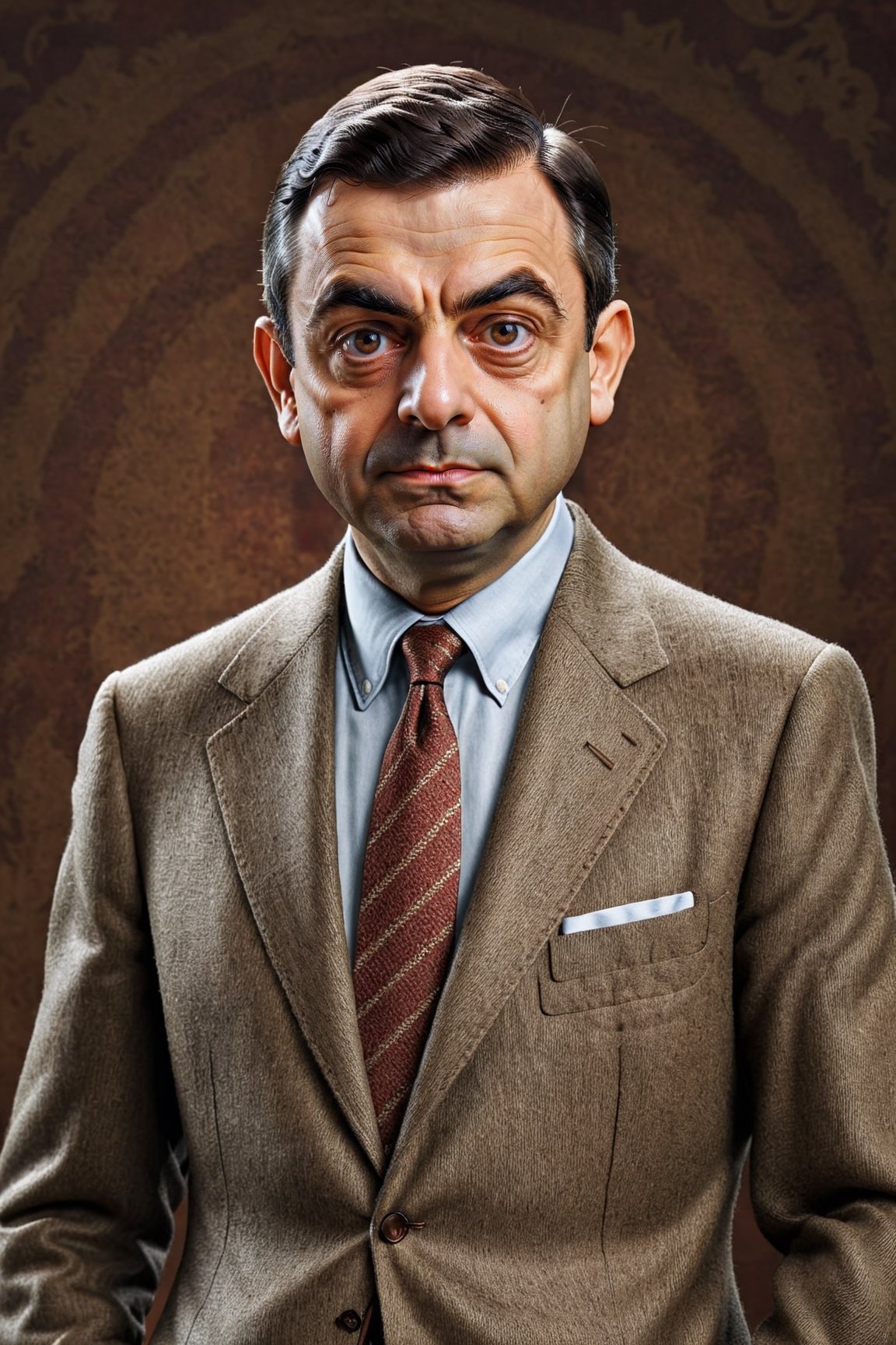 Generate a photorealistic full body portrait of Mr. Bean in his classic clothes but as if he was real. looking at the viewer, extreme realism, award-winning photo, sharp focus, detailed, intricate,art_booster