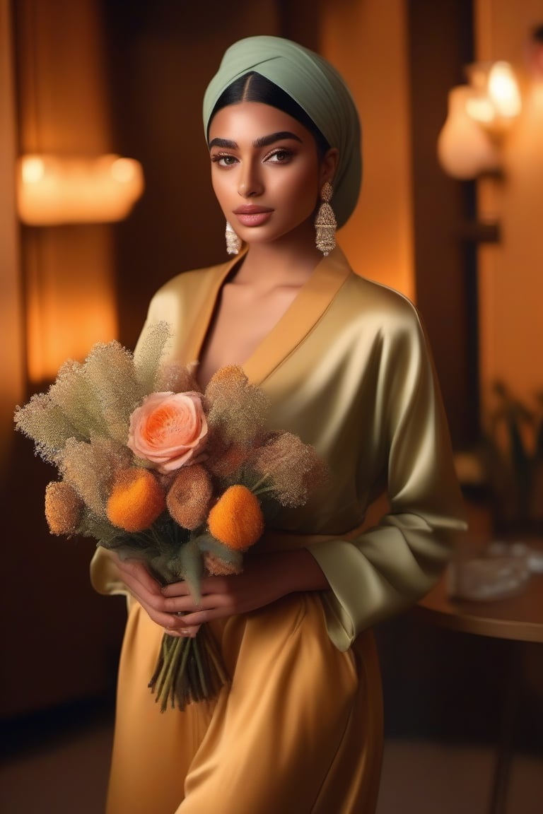 beautiful realistic 20 years old hejab girl. She carry a Bouquet of fresh flowers, The atmosphere exudes warmth, creating a welcoming space.

Our influencer, dressed in elegant attire, The scene captures the perfect blend of luxury and comfort, showcasing her ability to curate a sophisticated lifestyle. 

Soft, warm light bathes the scene, casting gentle shadows and infusing the setting with a hyper-realistic ambiance. The glow accentuates the influencer's features, creating a captivating and visually appealing image.
