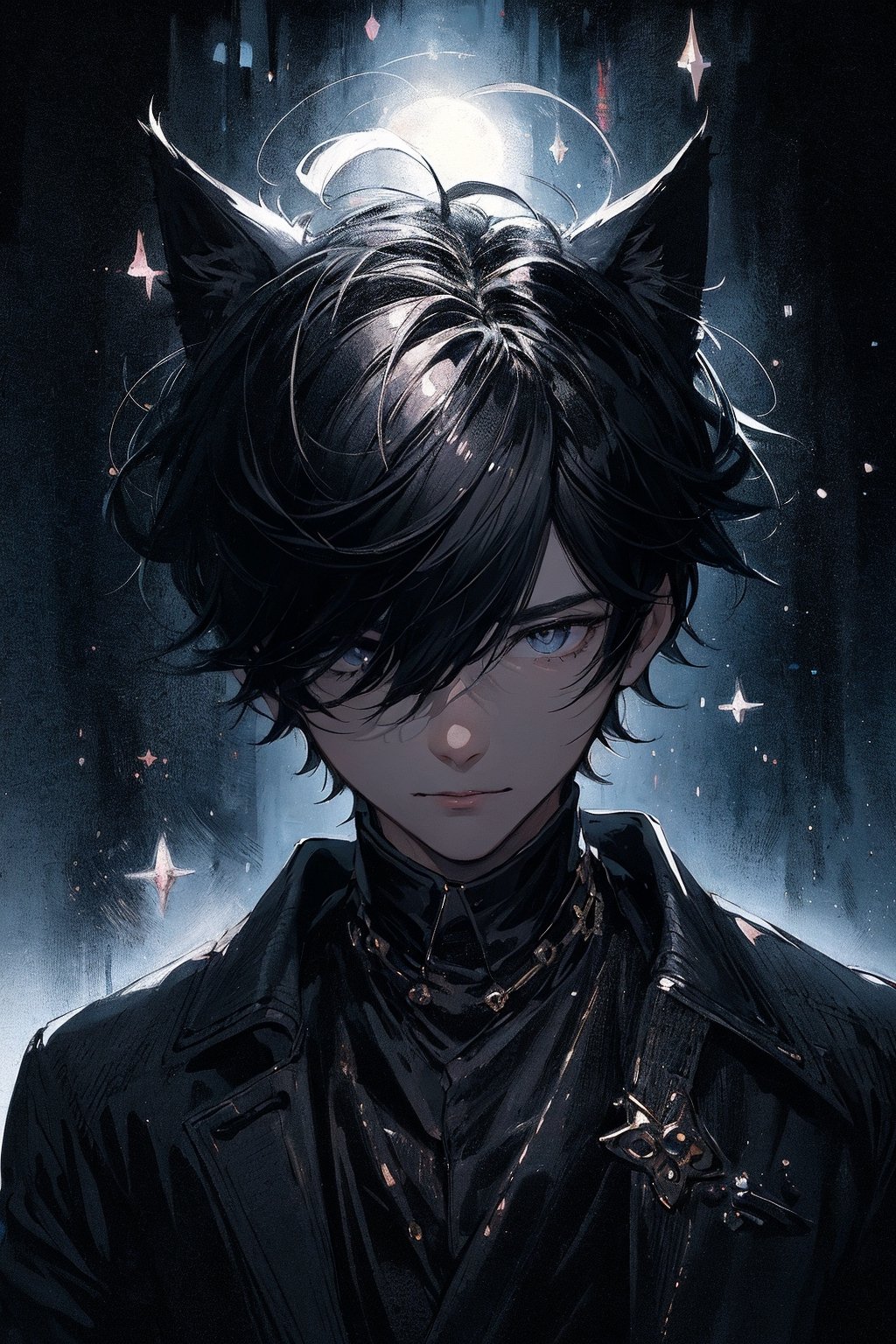 cute boy, cute male, short black hair, big wide black eyes, cute, cute face, detailed clothes, ambient lighting, cinematic lighting, man, male, nighttime, night sky, black jacket, starry night sky, full moon, boy, boy with cat ears, cat boy, neko ears, dark lighting, portrait, B&W