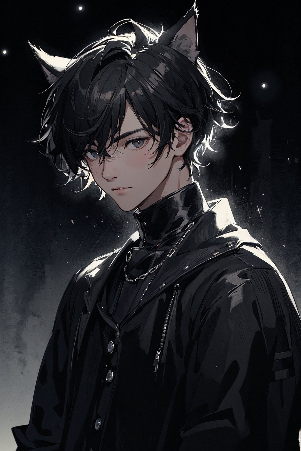 cute boy, cute male, short black hair, big wide black eyes, cute, cute face, detailed clothes, ambient lighting, cinematic lighting, man, male, nighttime, night sky, black jacket, starry night sky, full moon, boy, boy with cat ears, cat boy, neko ears, dark lighting, portrait, B&W