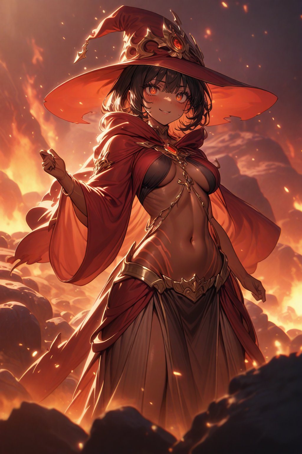 cute lady, red lava lake  background, red robes, fantasy clothes, cute face, big wide red eyes, red witch hat, cinematic lighting, ambient lighting, detailed body figure, cute witch lady, lava, navel, rocky landscape, slit_robe, royal wear, long black hair, brown_skin, ((tanned skin)), mature_woman, close up, fire sparks