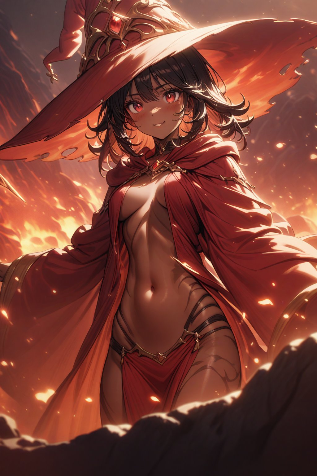 cute lady, red lava lake  background, red robes, fantasy clothes, cute face, big wide red eyes, red witch hat, cinematic lighting, ambient lighting, detailed body figure, cute witch lady, lava, navel, rocky landscape, slit_robe, royal wear, long black hair, brown_skin, ((tanned skin)), mature_woman, close up, fire sparks