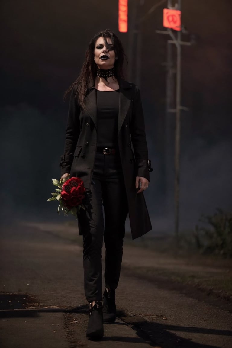 1 girl, 4k, Hq, best quality, cyberpunk, 300 years ago, the swamp at night, vampire woman with worried facial expression, 45 years old woman, slightly thick body, shoulder length hair, black lipstick, pale colour of face, wearing long clothed Gothic Coat, black tight trousers, strong legs, holding a huge bouquet of black and red  roses with both hands, dark night enviroment, fog in background, shodanSS_soul3142,perfecteyes,1girl,Natpr2e4,Nat,Ona_ep4,Ona,