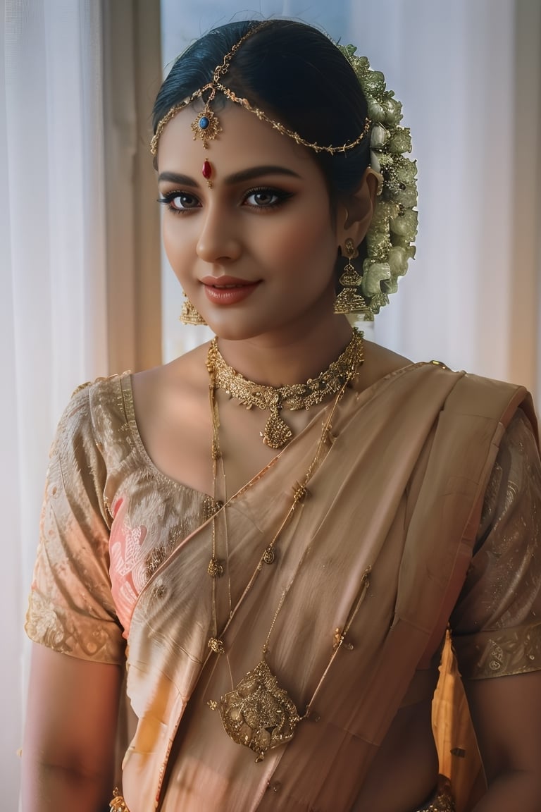 A girl wearing colourful saree looking into the camera, portrait, full body, Rainy environment, winter season, near window, HD, 8k resolution, cinematic lighting, detailed face, detailed eyes, detailed body, full body, detailed hand, detailed nails, detailed skin. 