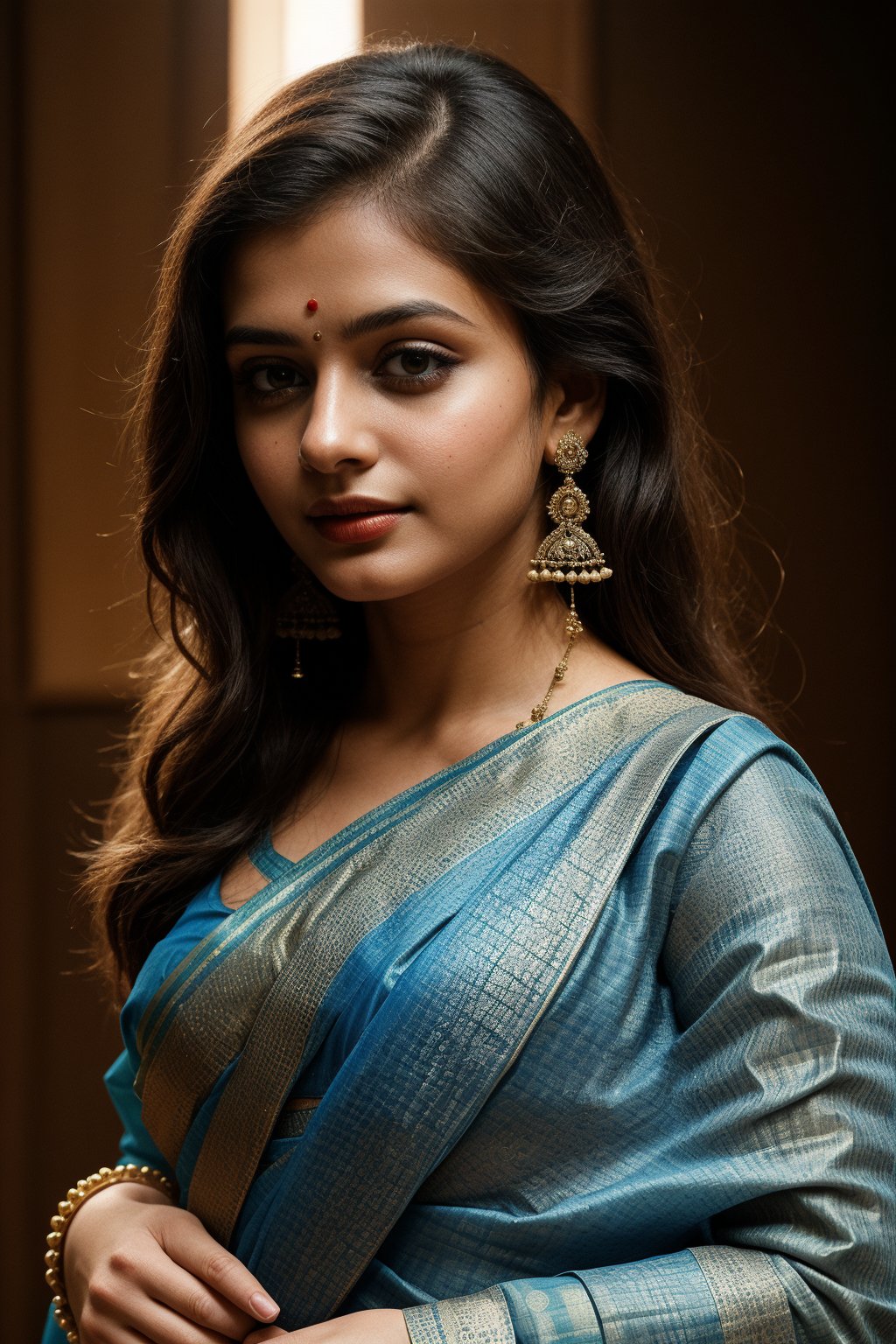 Masterpiece, Best Quality, 1girl, (((wearing saree, blue saree, textured))), hyper realistic, detailed face, ultra realistic, 8k resolution, hyper detailed face, ultra high detailing, realism, realistic, photorealistic, 8k 