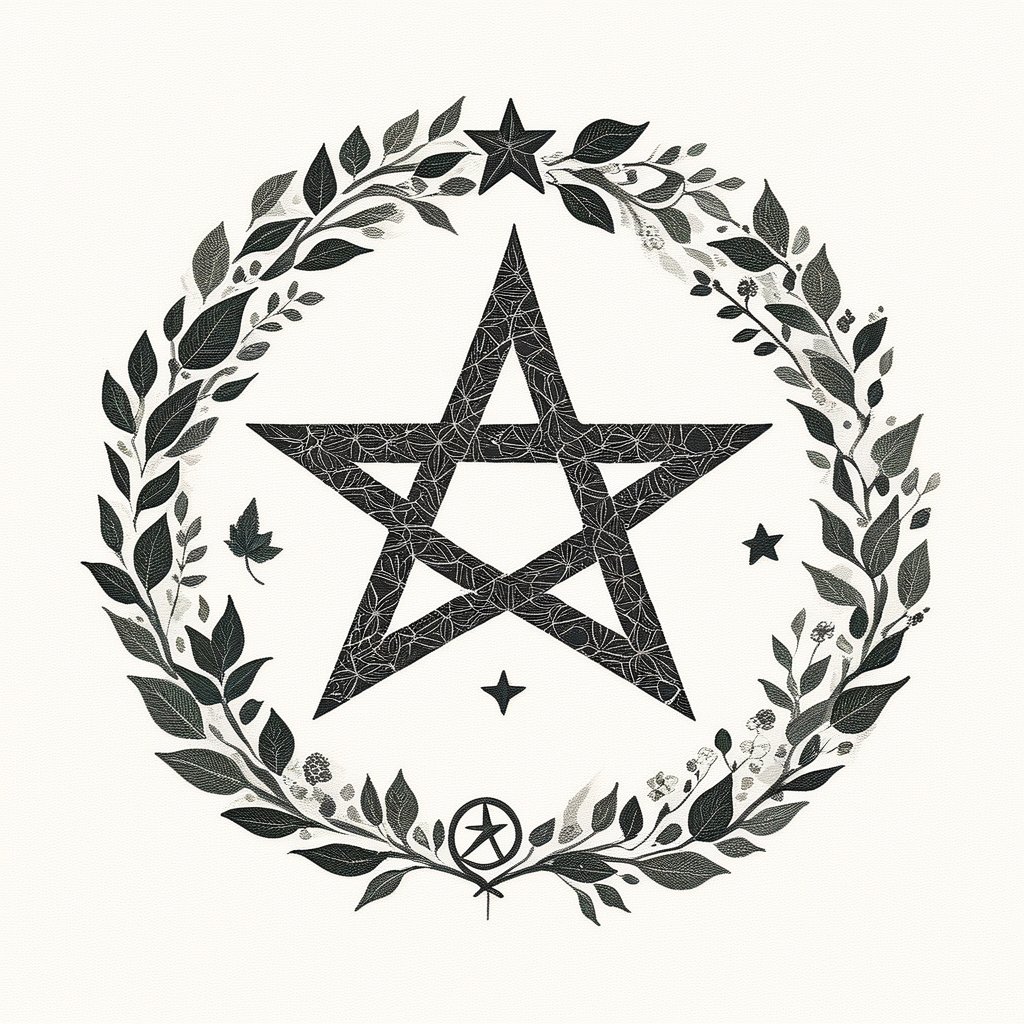 logo_emblem,Helvetica Bold_text:TensorArt, a pentagram,peace symbol,leaf print.