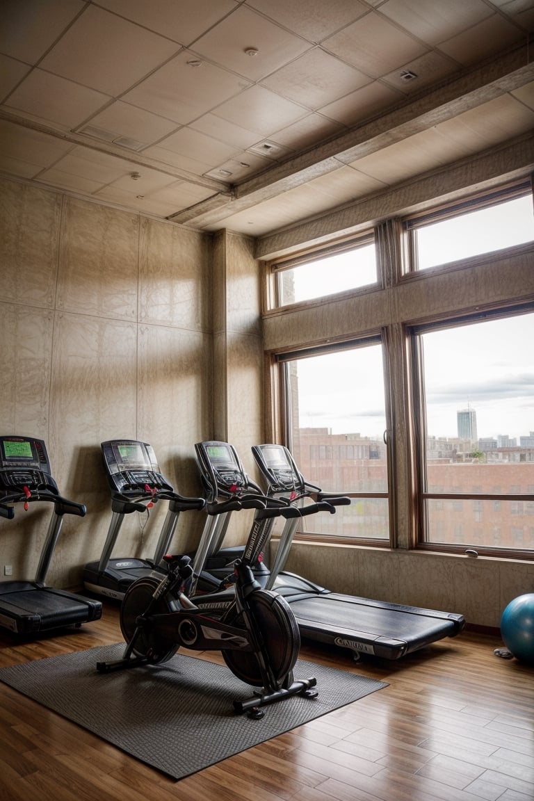 A spacious, modern gym with high ceilings and large windows, filled with state-of-the-art workout equipment including treadmills, stationary bikes, weight racks, and various machines, with a clean, minimalist design and plenty of natural light."