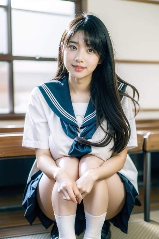 beautiful 18 year old japanse girl, Best quality, masterpiece, ultra high res, (photorealistic:1.4), raw photo, glowing skin, full body,  ,ear_rings, slim, long hair, Detailedface, large breasts, confidence smile, japan classroom background, glasses, long socks,wear japanese school uniform,sailor_girls