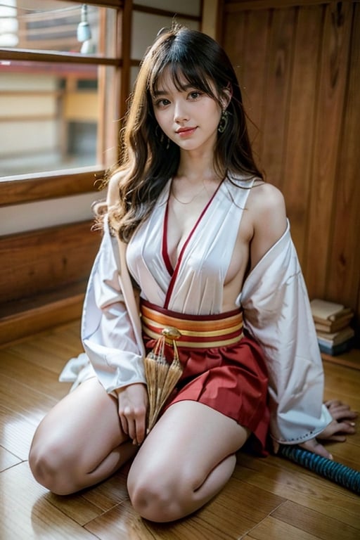 beautiful 18 year old japanse girl, Best quality, 1080P, masterpiece, ultra high res, (photorealistic:1.4), raw photo, glowing skin, full body, ear_rings, mediun breasts, Detailedface, Japanese shrine background, wearing Japanese shrine maiden outfit, confidence smile, sweeping the floor with a broom,hakama short skirt