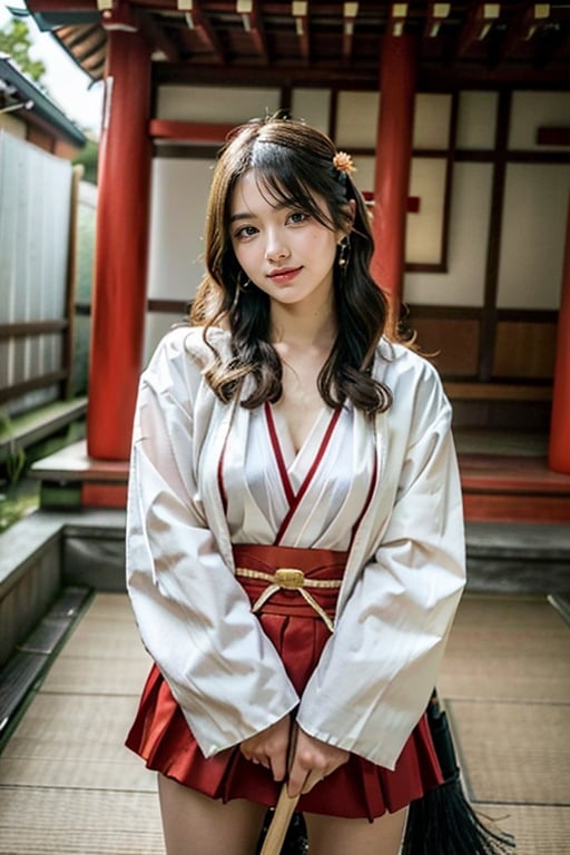 beautiful 18 year old japanse girl, Best quality, 1080P, masterpiece, ultra high res, (photorealistic:1.4), raw photo, glowing skin, full body, ear_rings, mediun breasts, Detailedface, Japanese shrine background, wearing Japanese shrine maiden outfit, confidence smile, sweeping the floor with a broom,hakama short skirt