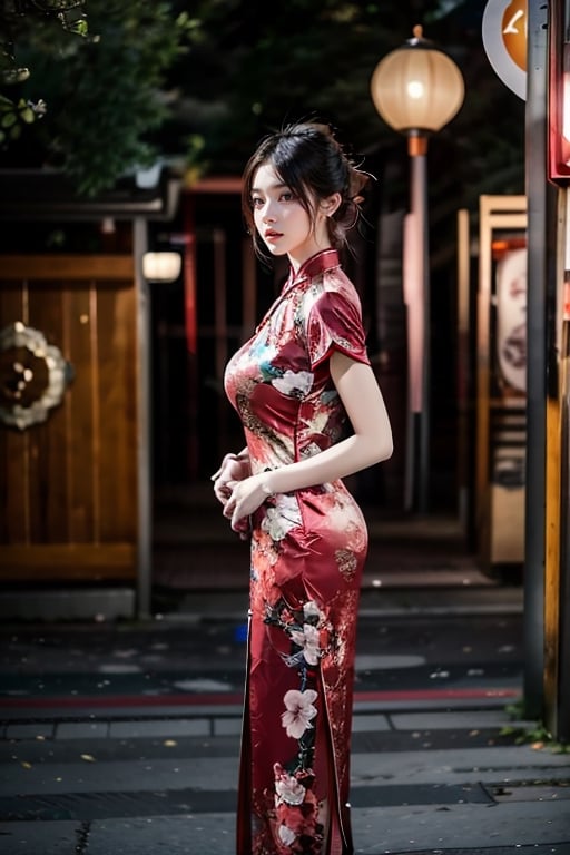 beautiful 18 year old japanse girl, Best quality, masterpiece, ultra high res, (photorealistic:1.4), raw photo, glowing skin, full body,  ,ear_rings, slim, ponytail, Detailedface, large breasts, china old street background,wear red qipao,holding couplets,QIPAO