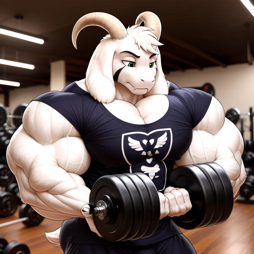 (Cel animation, 2d, flatcolor), masterpiece, face closeup, detailed Green eyes, Big eyes, male, anthro, (asriel, goat, white fur, goat horns, small head), (huge body, bodybuilder, extremely huge muscles, thick arms:1.4), (huge pecs, wide shoulders:1.3), (black t-shirt:1.2), (bored, annoyed, lifting weights, bicep curl, holding dumbbell), (profile view), (mirror background, detailed background:1.1)