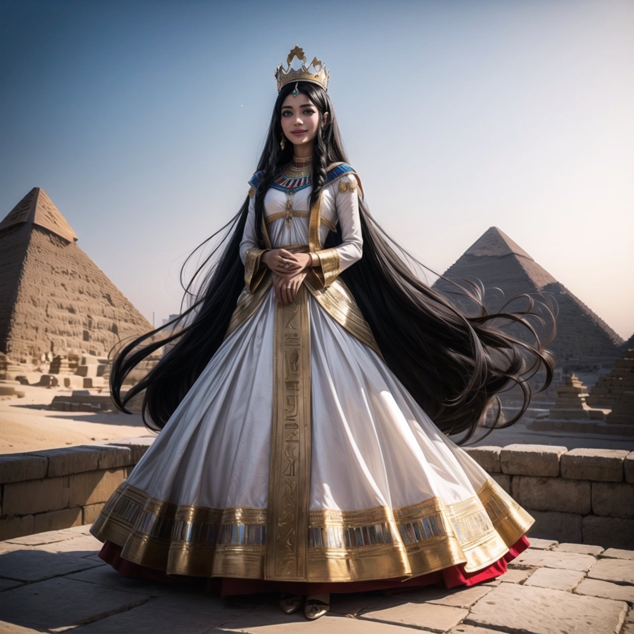 Egyptian(30 years old woman, black long hair, black eye, royalty,smily face, big crown), masterpiece, best quality,  high quality, background (inside the pyramids, shining light from the up), egyptian_clothes(black,red,white) ,full_dressed, full-body, hands together