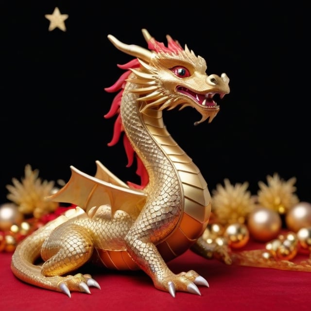 A Christmas-themed golden dragon to welcome 2024, In the background you can see the pyramids. the dragon has shiny scales and a red mane, it is surrounded by Christmas decorations such as lights and stars. ,Oriental Dragon,<lora:659095807385103906:1.0>
