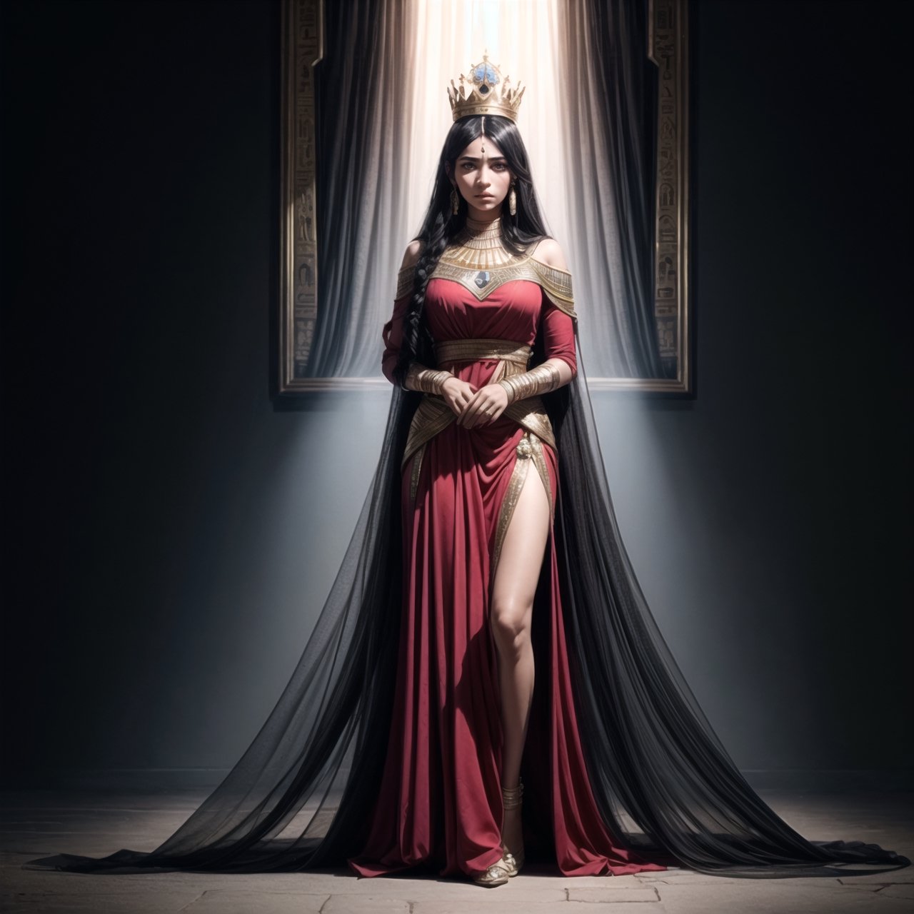 Egyptian(30 years old woman, black long hair, black eye, royalty,serious face, big crown), masterpiece, best quality,  high quality, background (pyramids, shining light from the up), egyptian_clothes(black,red) ,full_dressed, full-body, hands together