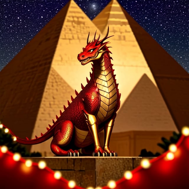 A Christmas-themed golden dragon to welcome 2024, In the background you can see the pyramids. the dragon has shiny scales and a red mane, it is surrounded by Christmas decorations such as lights and stars. ,Oriental Dragon,<lora:659111690174031528:1.0>